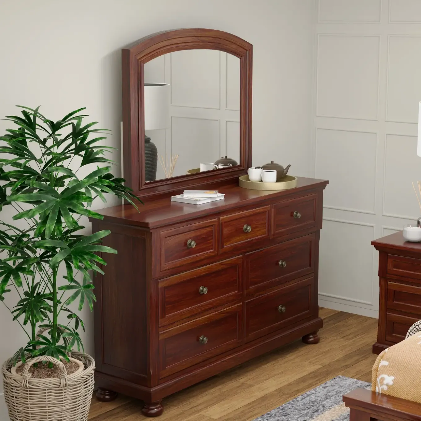 Cortland Cherry Bedroom Set Queen Sleigh Bed, Dresser, Mirror & Nightstand