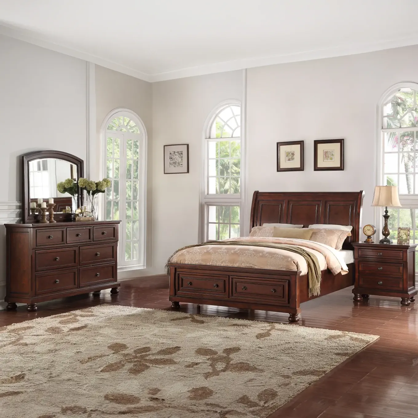 Cortland King Sleigh Storage Bed, Dresser, Mirror, Nightstand