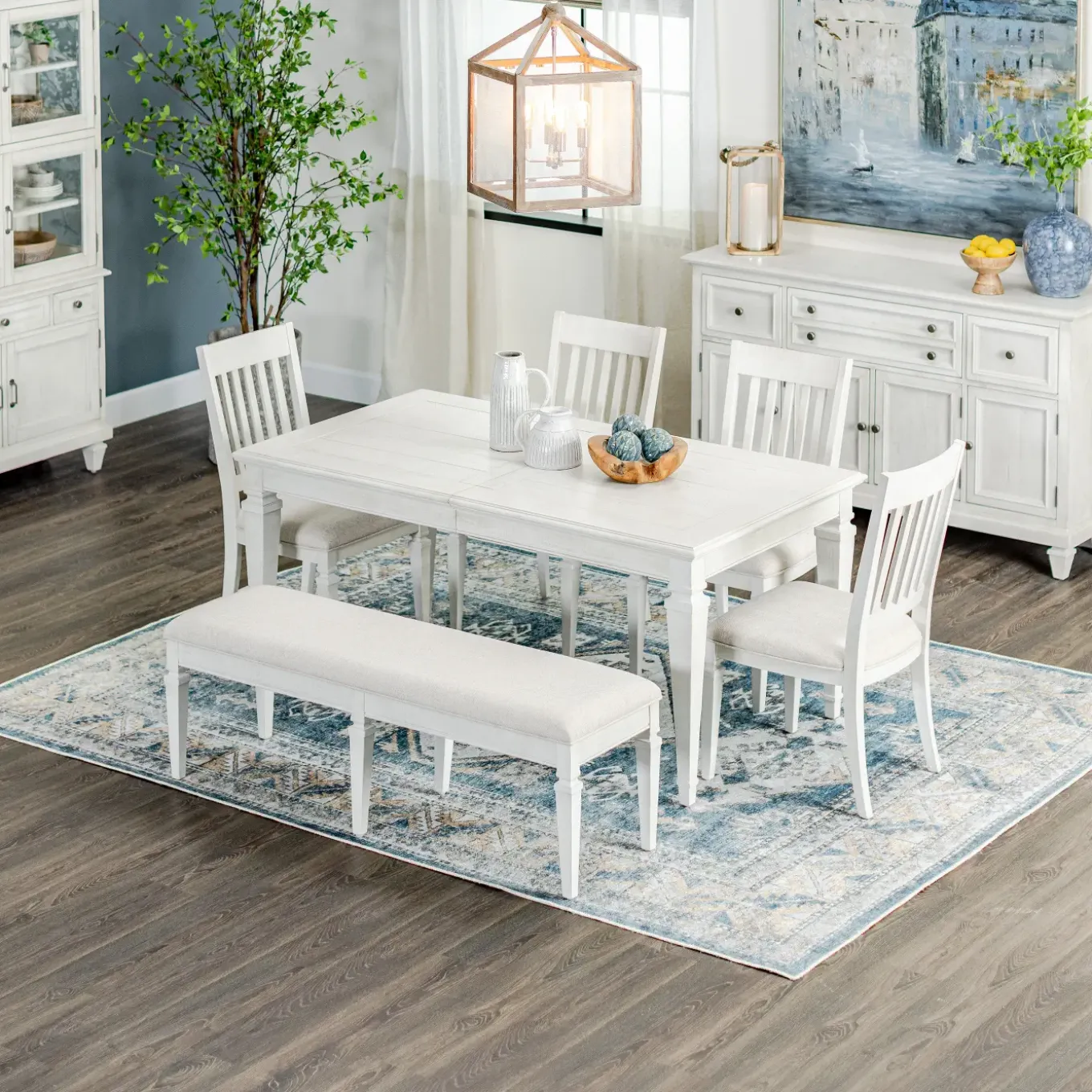 East Bay 6pc Dining Set: Extendable Table, 4 Side Chairs & Bench