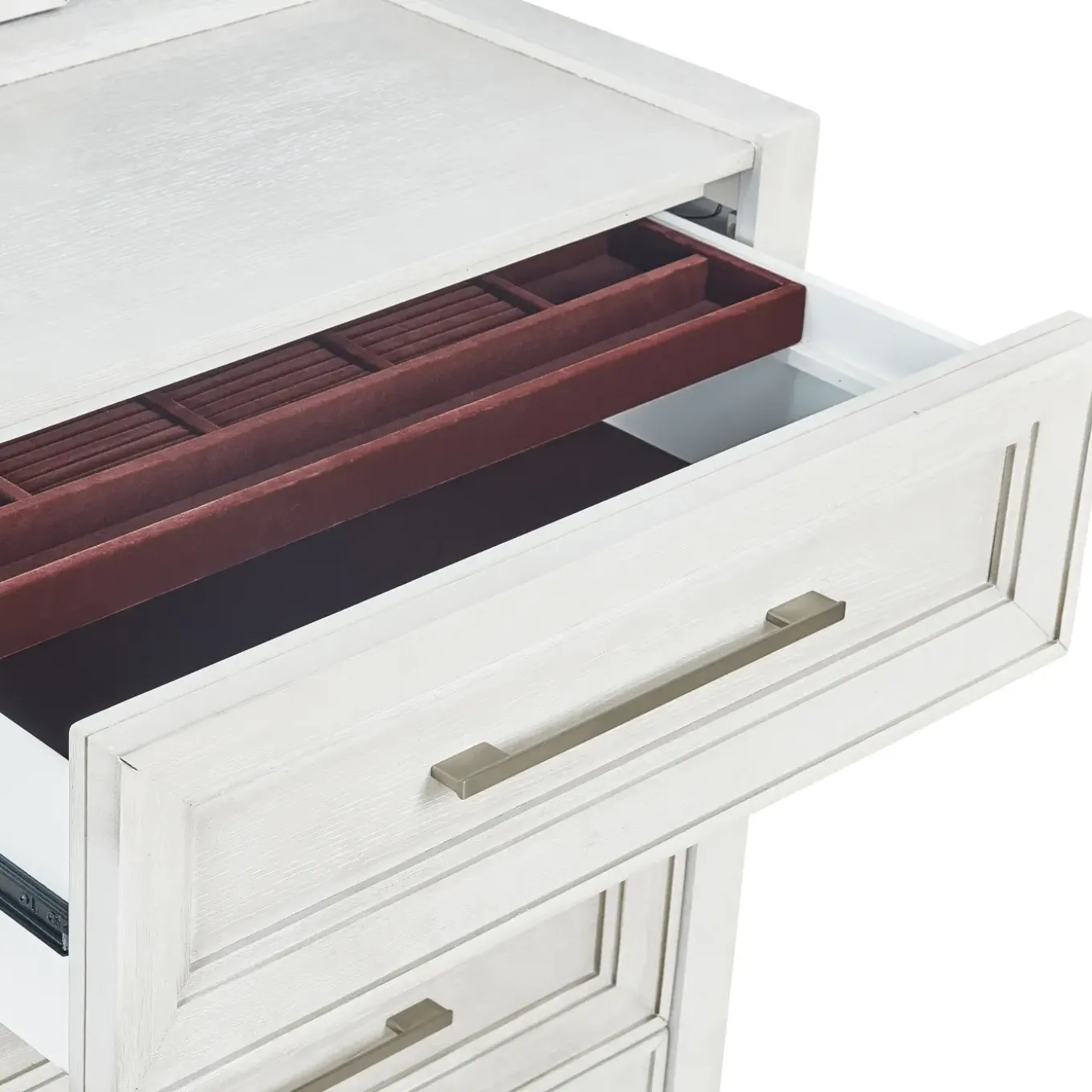 Laurel California King Bench Storage Bed, Dresser, Mirror & Nightstand