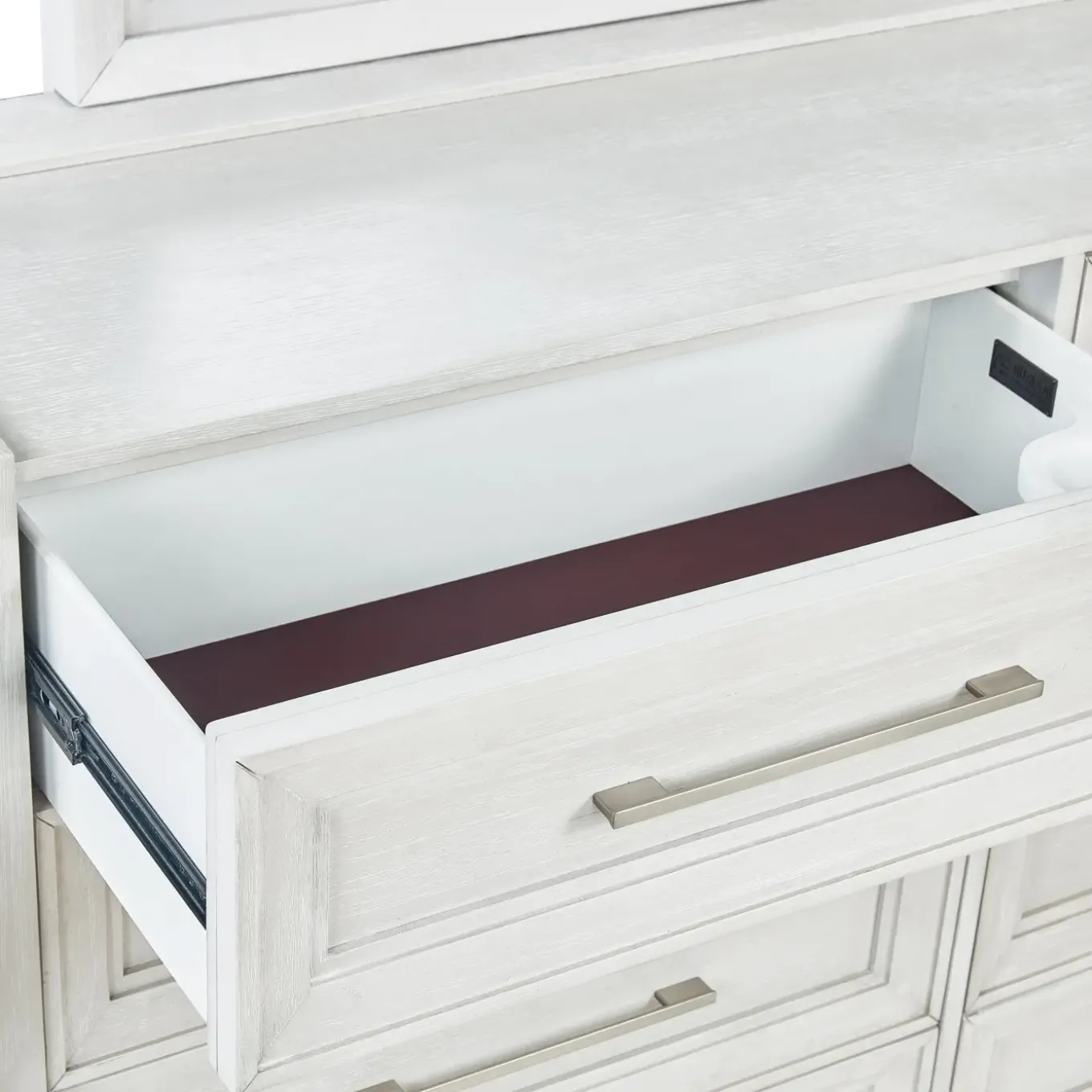 Laurel California King Bench Storage Bed, Dresser, Mirror & Nightstand