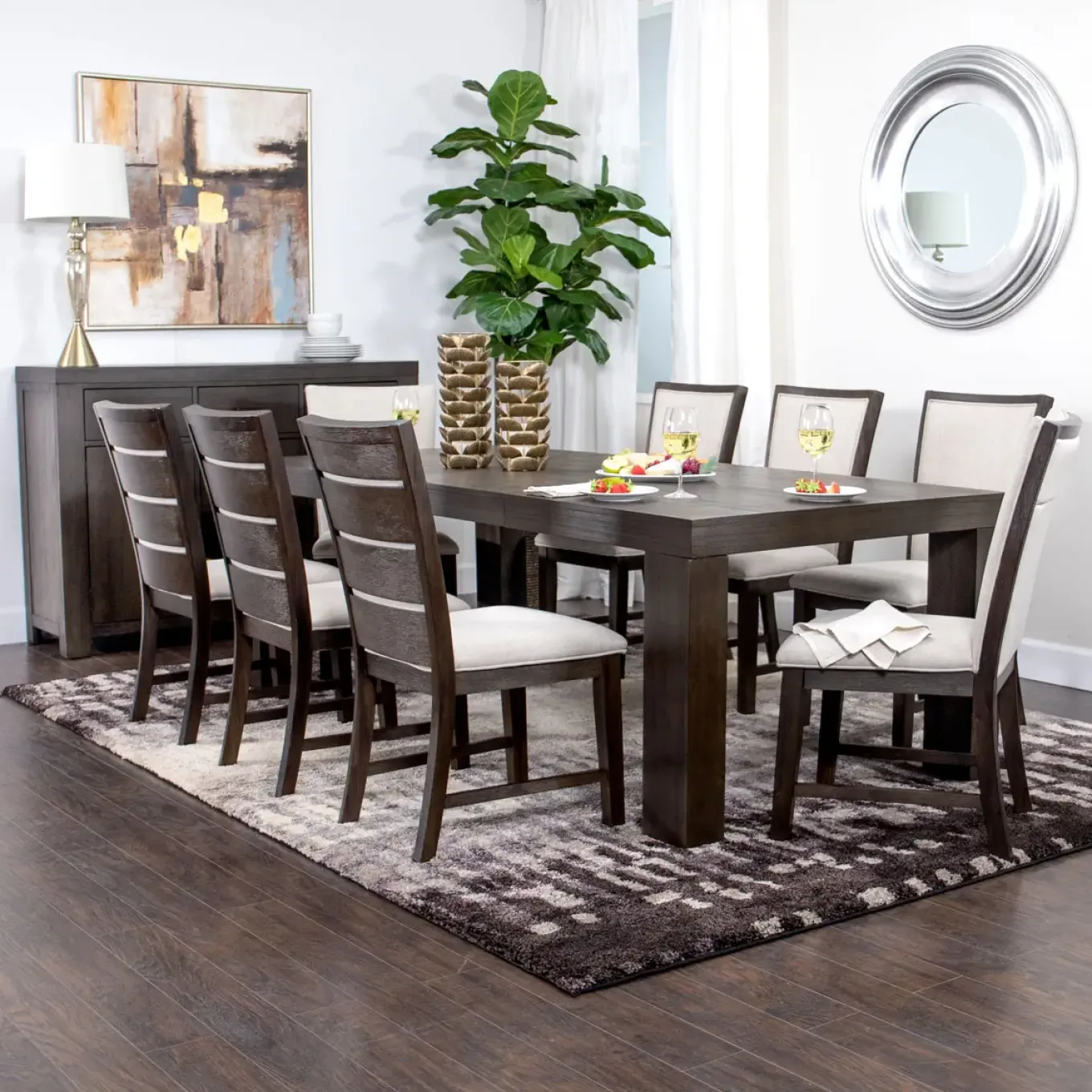 Riley 9pc Dining Set: Extendable Table, 2 Upholstered Chairs & 6 Slat Back Chairs