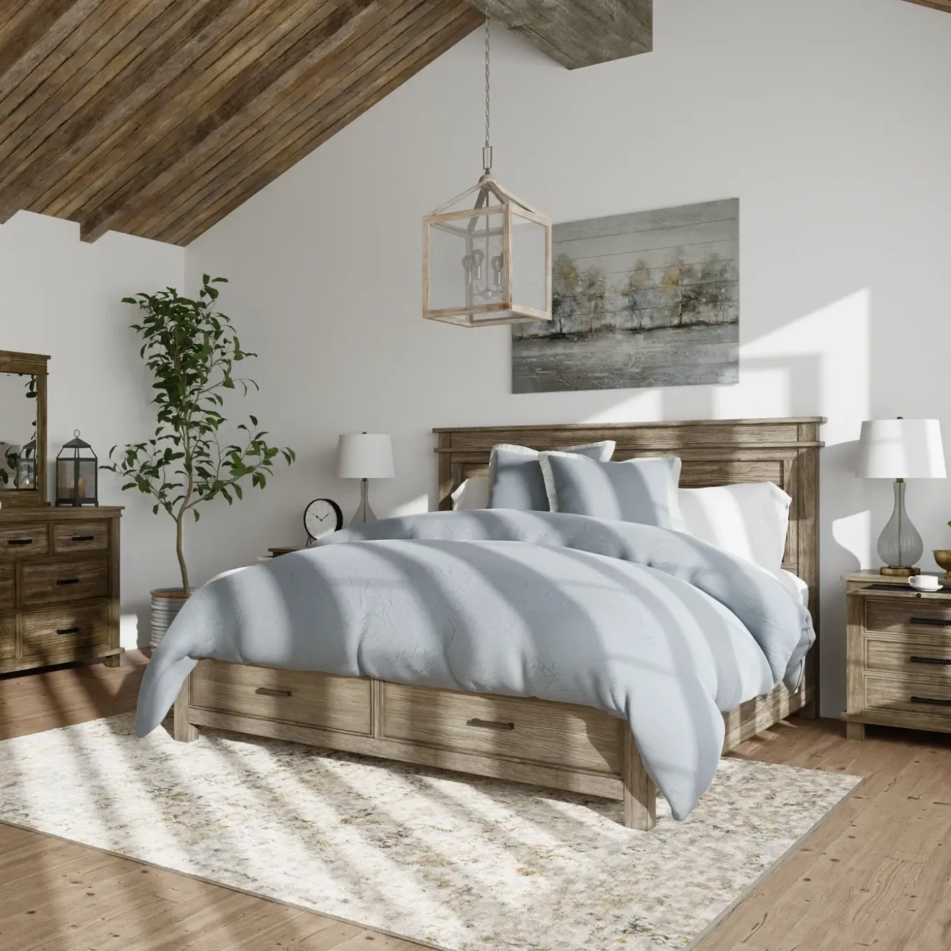 Rivington Eastern King Panel Storage Bed, Dresser, Mirror, Nightstand